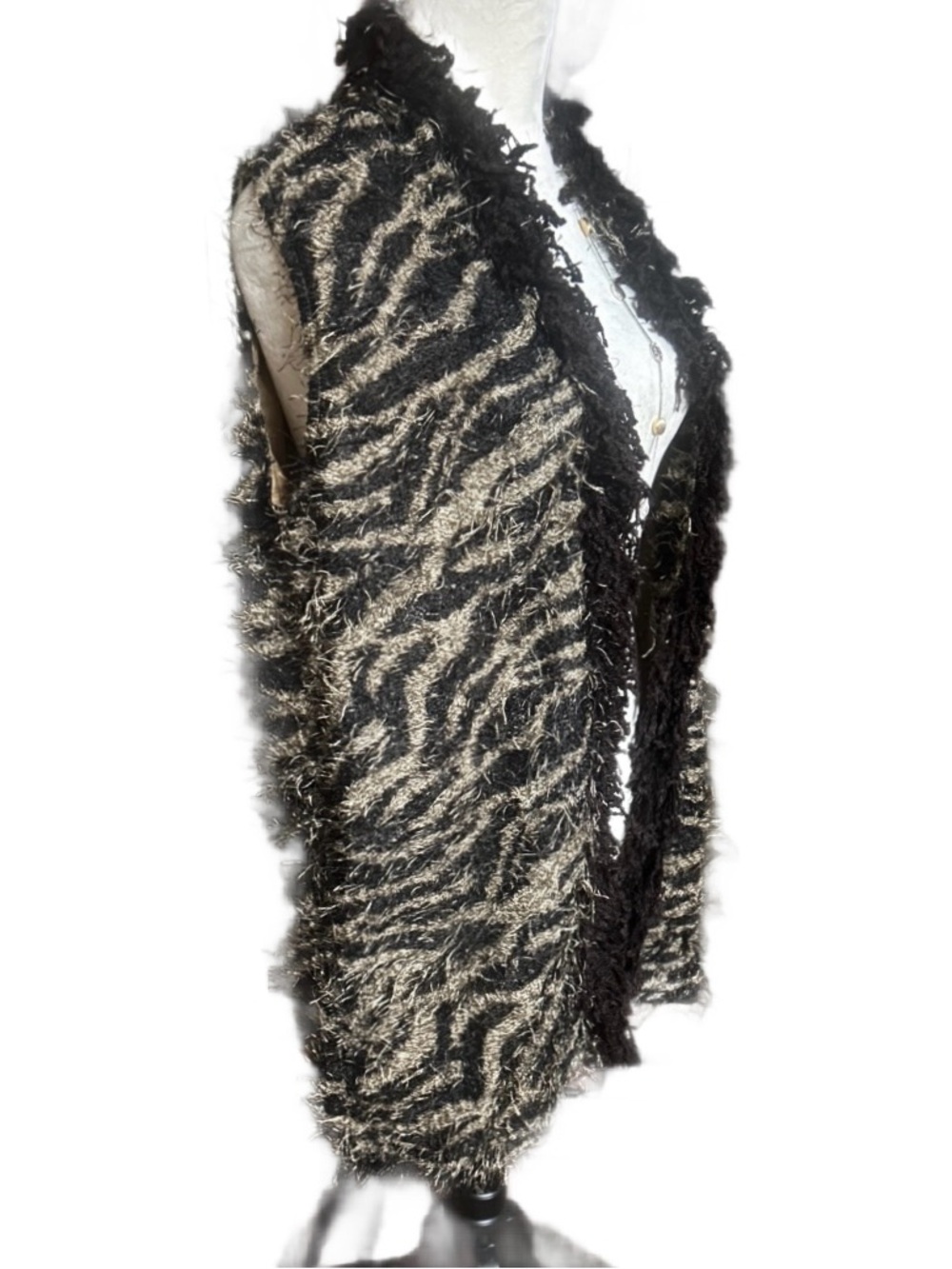Lady Noiz ~ Medium ~ Zebra Print ~ Black/Brown ~ Fuzzy W/ Faux Feather Trim Vest